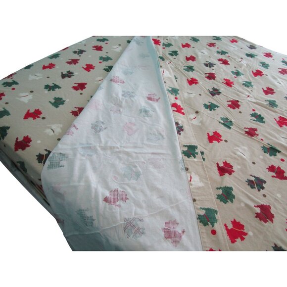 Martha Stewart Collection Queen Flannel Sheet Set Christmas Plaid Scotty Dog - Picture 2 of 16